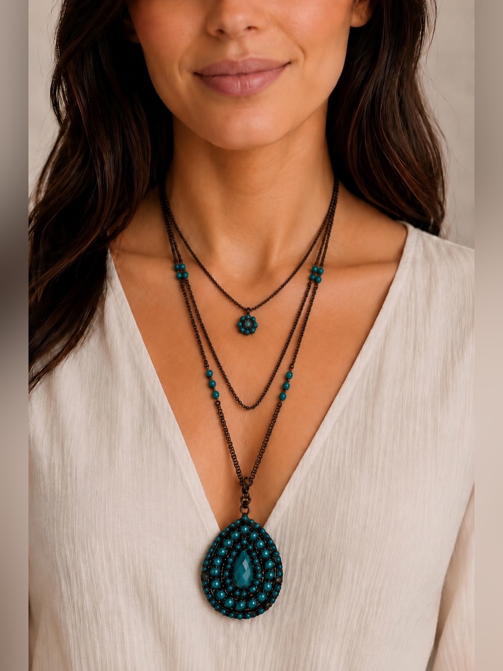 Vintage Style Layered Turquoise Beaded Statement Necklace, Antique Bronze Finish